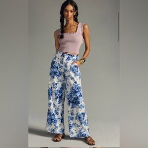 Anthropologie Maeve Colette blue and white floral linen blend wide-leg pants. 4.
